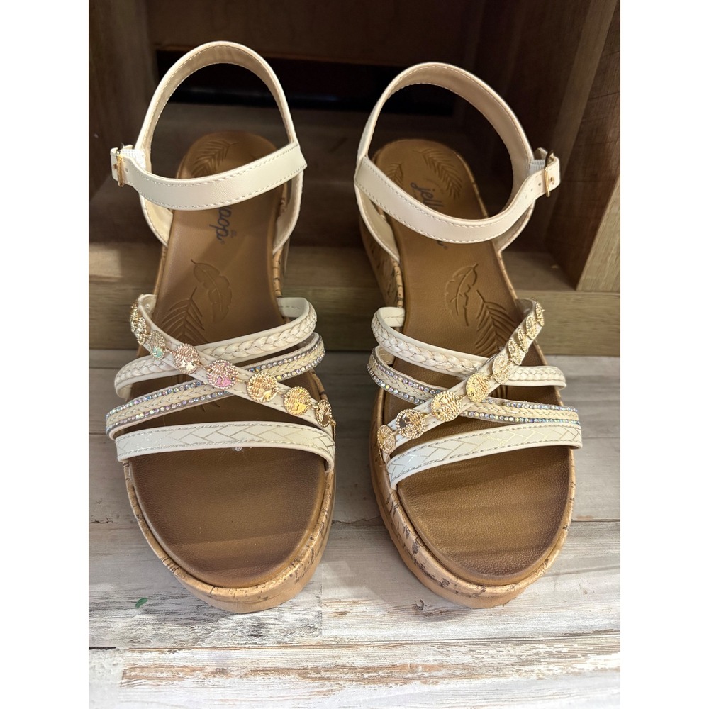 Jellypop Pierra Cream Platform Wedge Sandals Gold Coin Rhinestone Strappy Size 9